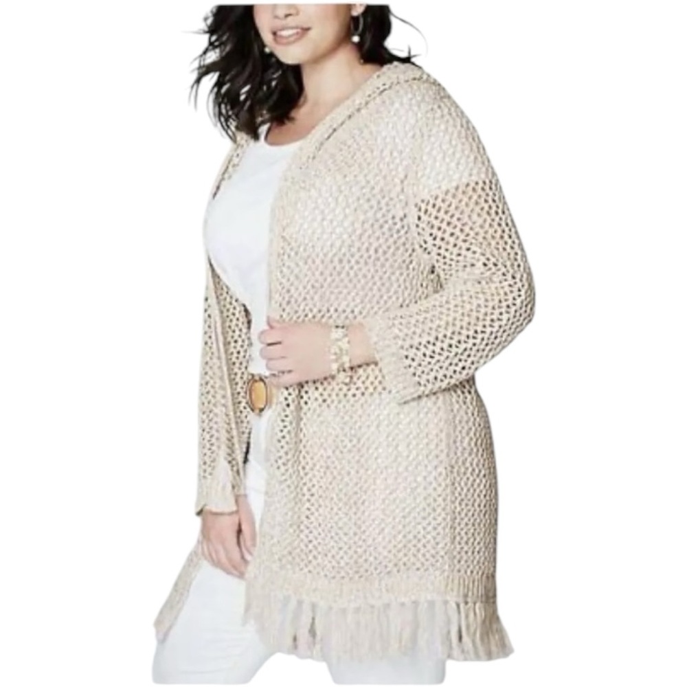 J.Jill Beige Open Flax Knit Fringe Cardigan Sweater Hood Tie Front Size M - Picture 2 of 10